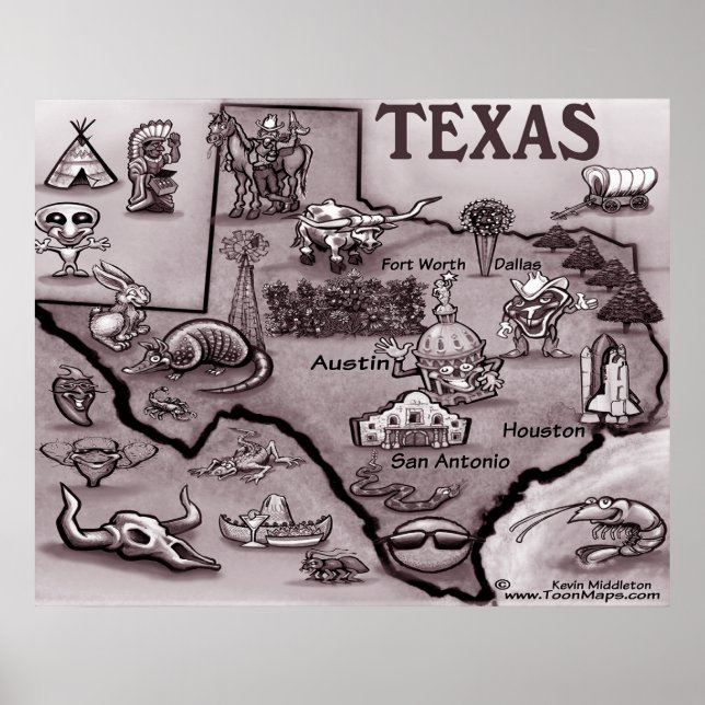 Old Texas Cartoon Map Poster (Vorne)