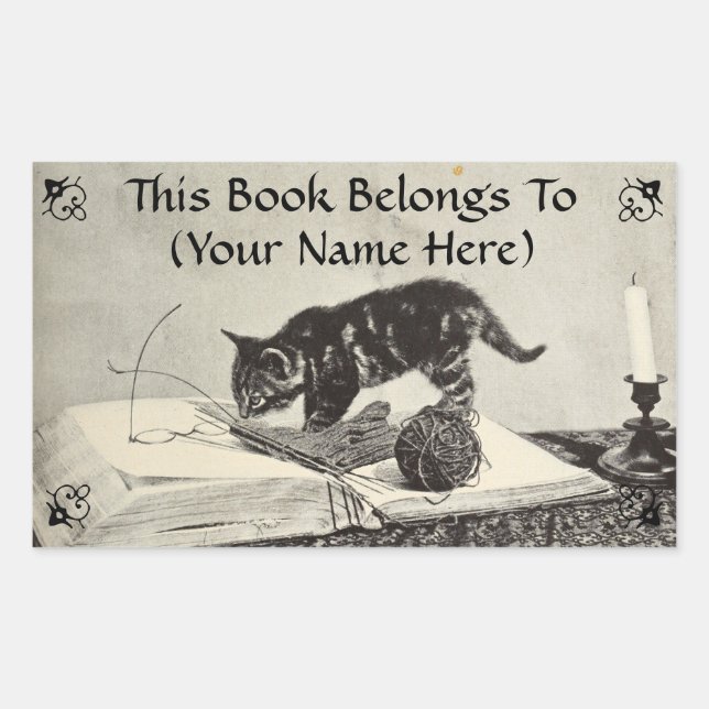 Old Time Kitten Cat Knitting Book Plate Rechteckiger Aufkleber (Vorderseite)