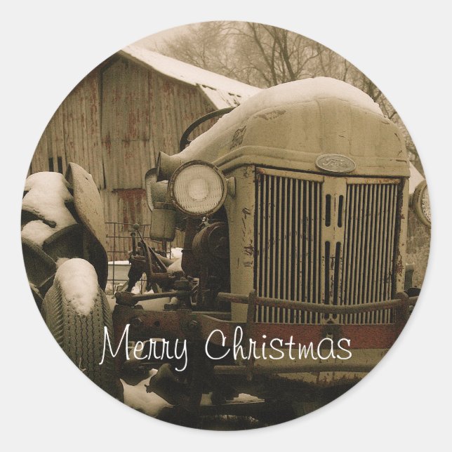 Old Traktor in Schnee Weihnachten Umschlag Aufkleb Runder Aufkleber (Vorderseite)