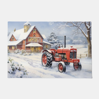 Old Traktor und Barn Snowy Winter Farm Weihnachten Fußmatte