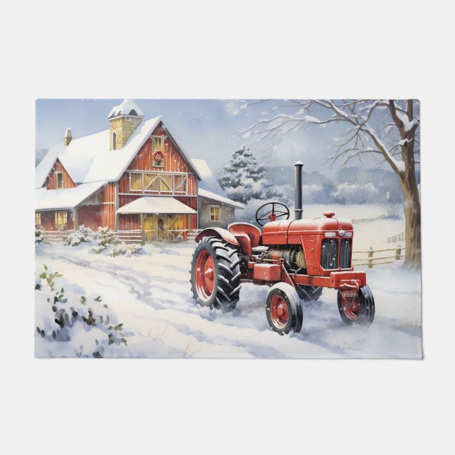 Old Traktor und Barn Snowy Winter Farm Weihnachten Fußmatte (Vorderseite)