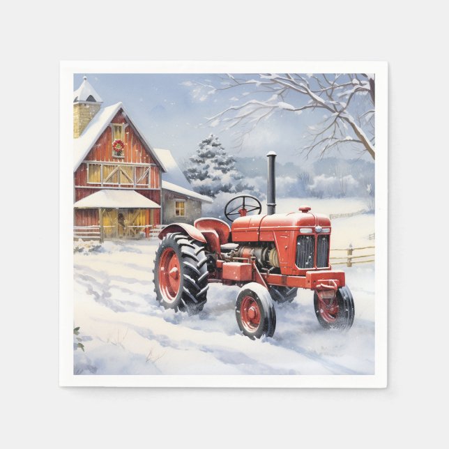 Old Traktor und Barn Snowy Winter Farm Weihnachten Serviette (Vorderseite)
