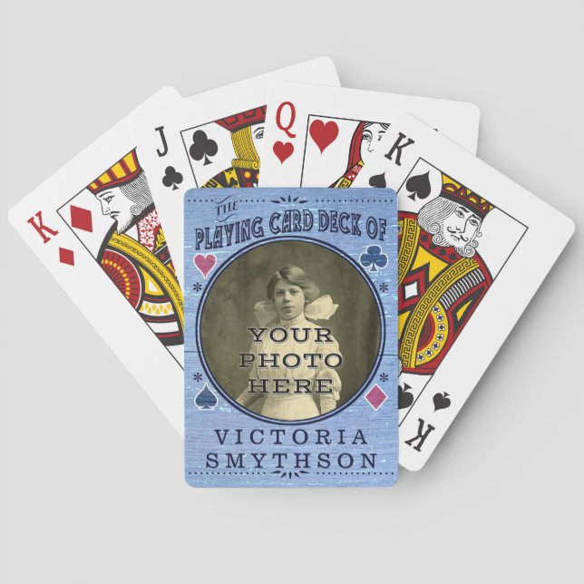 Old West Custom Foto Personalisiert Blue Wood Spielkarten (Rückseite)