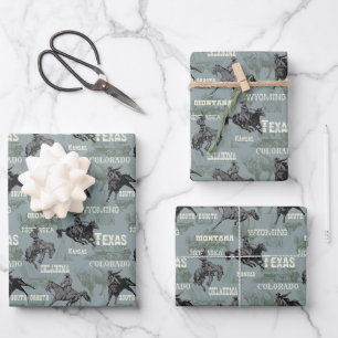 Old West Wagon Rodeo Cowboy Bison Gray Blue Horses Geschenkpapier Set