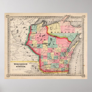 Old Wisconsin Map (1865) Vintag Badger Staat Poster