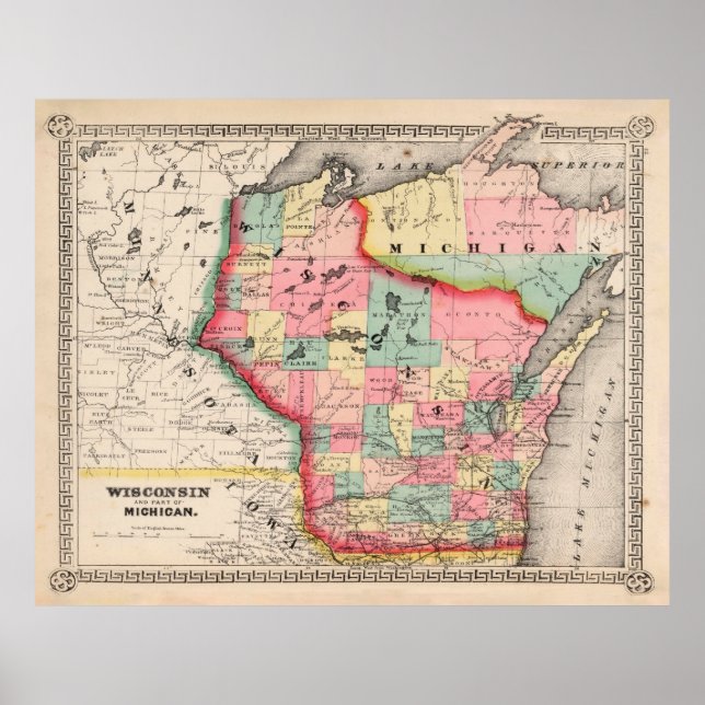 Old Wisconsin Map (1865) Vintag Badger Staat Poster (Vorne)