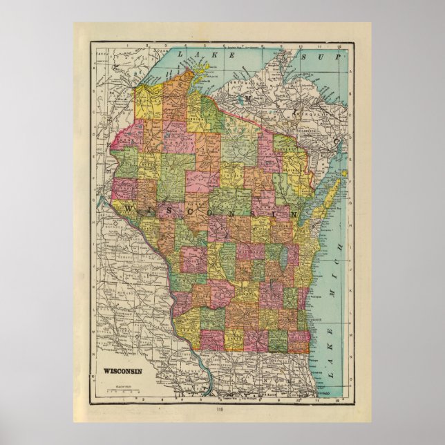 Old Wisconsin Map (1909) Vintag Badger Staat Poster (Vorne)