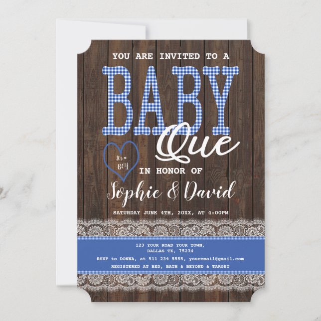 Old Wood Blue Gingham Boy Baby Shower GRILLEN Einladung (Vorderseite)