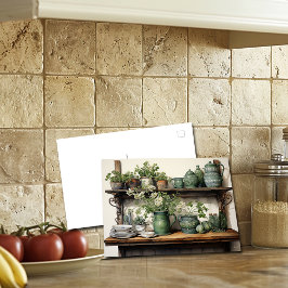 Old Wood Kitchen Shelf Grün Weiße Geschirr Postkarte