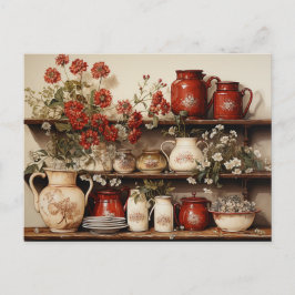 Old Wood Kitchen Shelf Rot Weiße Keramiken Blume Postkarte