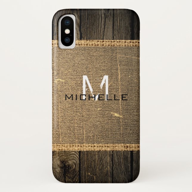 Old Wood Look Burlap Rustic Monogram Case-Mate iPhone Hülle (Rückseite)