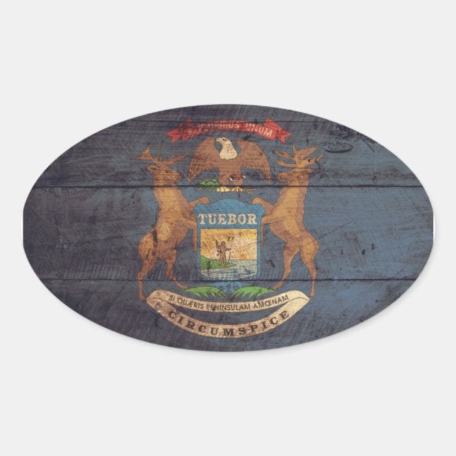 Old Wood Michigan Flag Ovaler Aufkleber (Vorderseite)