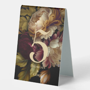 Old World Dark Floral Bouquet Wedding Tischnummer Tischaufsteller