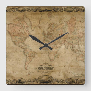 Old World Map Antique History Designer Clock Quadratische Wanduhr