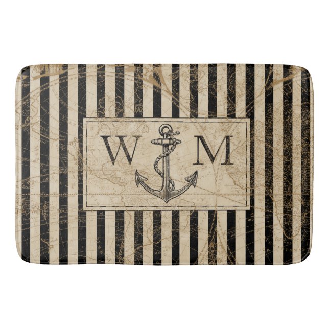 Old World Map Nautic Anchor Monogram Badematte (Vorderseite)