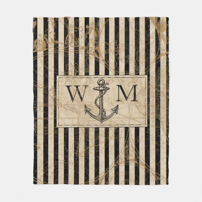 Old World Map Nautic Anchor Monogram Fleecedecke (Vorderseite)