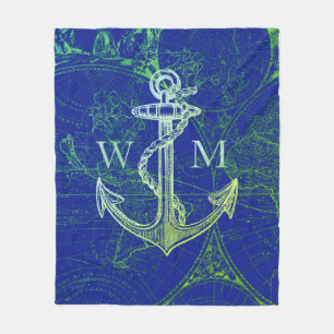 Old World Map Nautic Anchor Monogram Fleecedecke