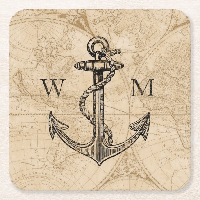 Old World Map Nautic Anchor Monogram Rechteckiger Pappuntersetzer (Vorderseite)
