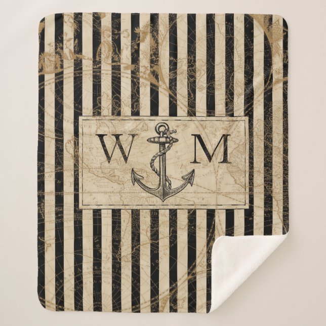 Old World Map Nautic Anchor Monogram Sherpadecke (Vorderseite)