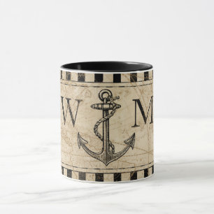 Old World Map Nautic Anchor Monogram Tasse