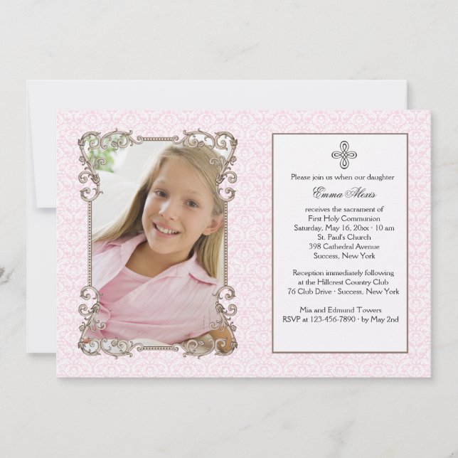 Old World Pink Damask Foto Religiöse Einladung (Vorderseite)