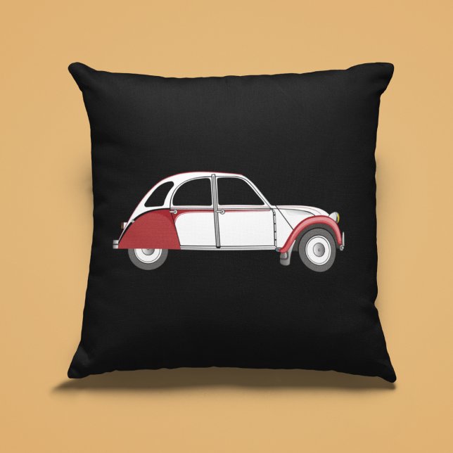 Oldtimer 2CV Dolly Rot Kissen (2CV Pillow in Black with a White Red Deux Chevaux Dolly Illustration)