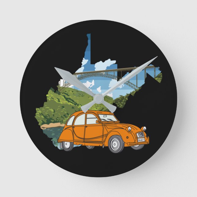 Oldtimer 2cv Landschaft Illustration Runde Wanduhr (Vorderseite)