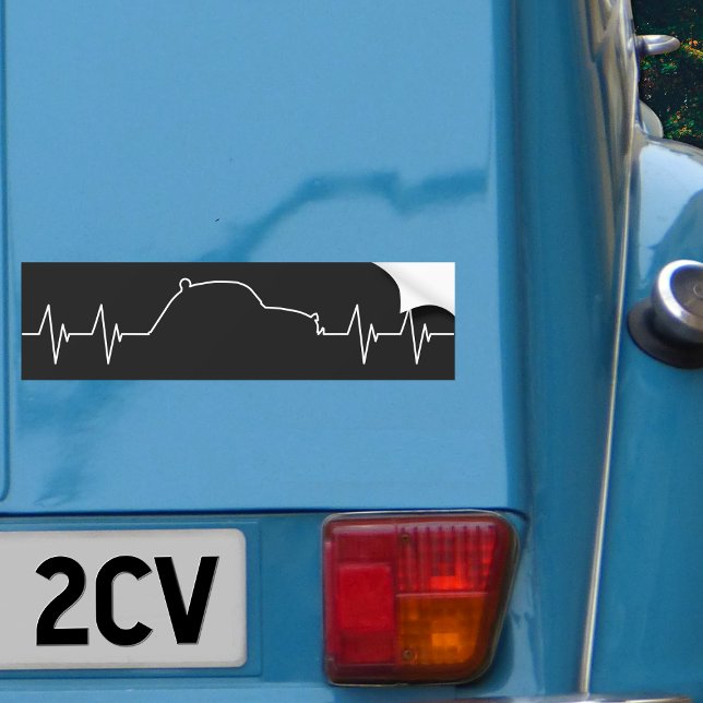Oldtimer 2cv Pulsfrequenz Autoaufkleber (2CV Bumper Sticker in Black with a White Pulse Illustration)