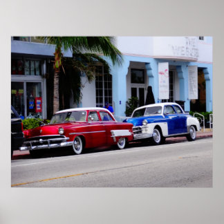 Oldtimer am Ocean Drive Miami Beach Poster