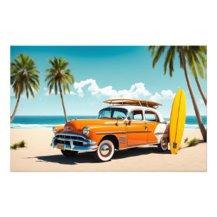 Oldtimer am Strand mit Surfbrett Fotodruck