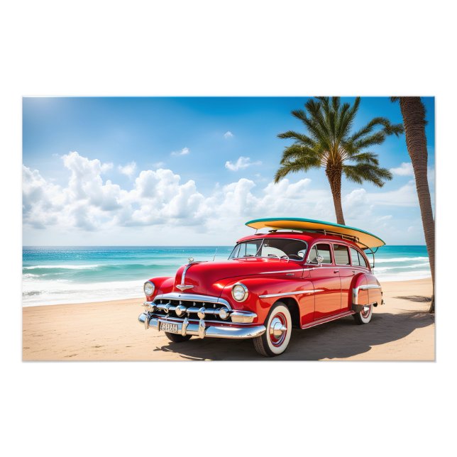 Oldtimer am Strand mit Surfbrett Fotodruck (Vorne)