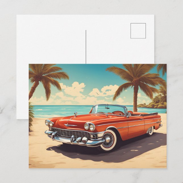 Oldtimer am Strand mit Surfbrett Postkarte (Vorne/Hinten)