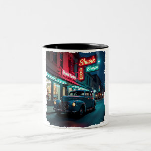 Oldtimer aus den 1940er Jahren unter Neonlichtern Zweifarbige Tasse