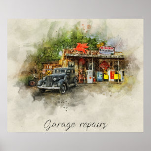 Oldtimer außerhalb des alten Garagenposters Poster