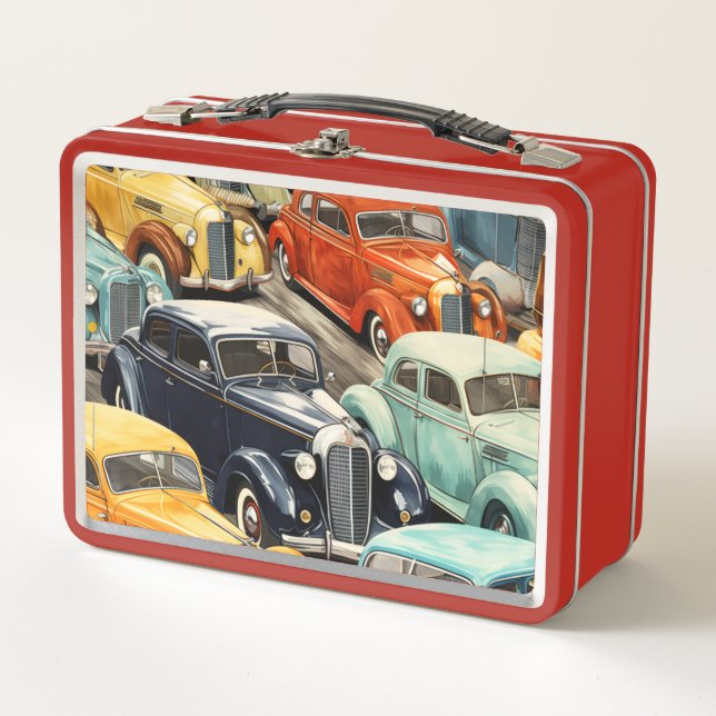 Oldtimer-Autos Muster Metall Brotdose (Vorderseite)