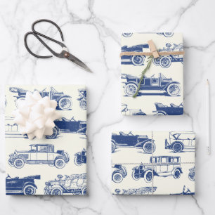 Oldtimer Blaues Vintage-Automodell Geschenkpapier Set