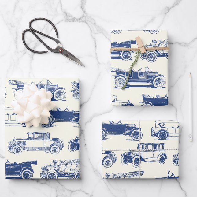 Oldtimer Blaues Vintage-Automodell Geschenkpapier Set (Vorderseite)