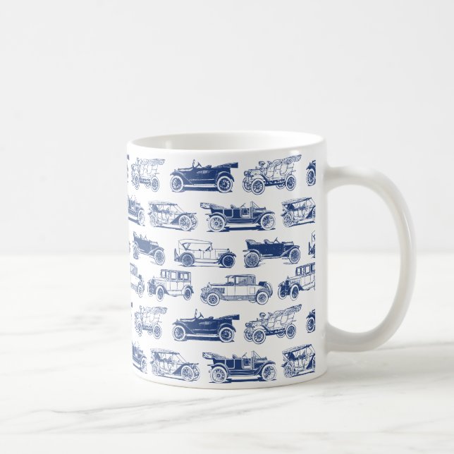 Oldtimer Blaues weißes Vintage-Muster Kaffeetasse (Rechts)