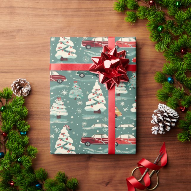 Oldtimer durch Weihnachtsbäume Geschenkpapier (Feiertagsgeschenk)