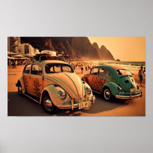 Oldtimer Käfer am Strand von Copacabana Poster