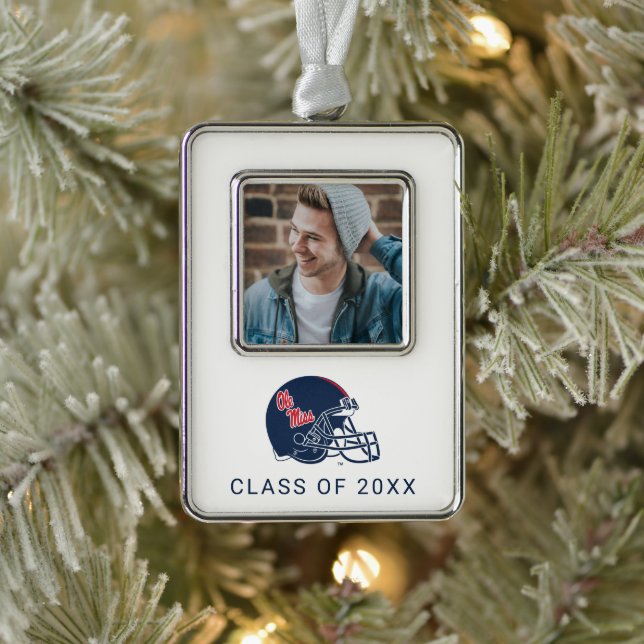 Ole Miss Football Helmet | Dunkelblau Rahmen-Ornament Silber (Baum)