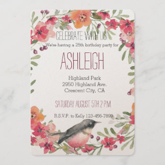 Oleander-und Vogel-Aquarellblumengeburtstag Einladung