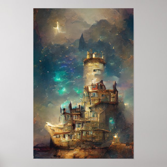 Ölgemälde, Burg Starry Night, Retro Poster (Vorne)