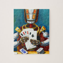 Ölgemälde eines Roboters, der Karten spielt