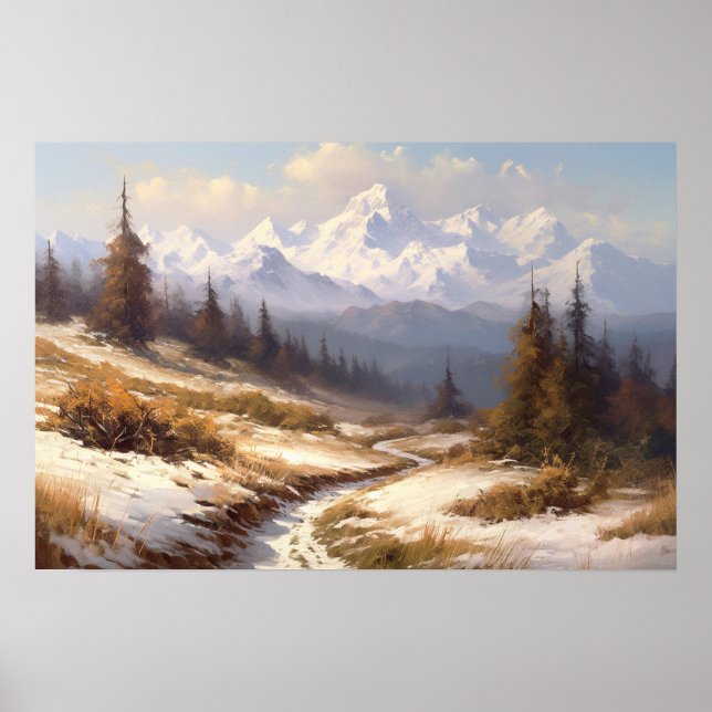 Ölgemälde kurvenreicher Weg schneebedeckte Bergvor Poster (Vorne)