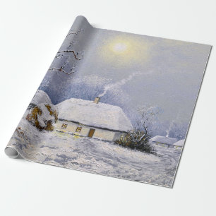Ölgemälde ländliche Landschaft. Winter. Altes Dorf Geschenkpapier