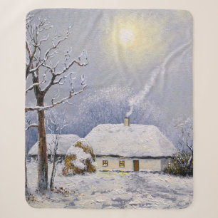 Ölgemälde ländliche Landschaft. Winter. Altes Dorf Sherpadecke