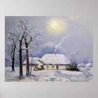 Ölgemälde ländlicher Landschaft. Winter. Altes Dor