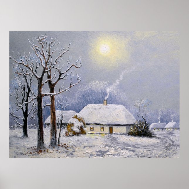 Ölgemälde ländlicher Landschaft. Winter. Altes Dor Poster (Vorne)