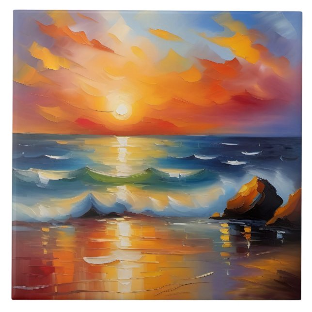 Ölgemälde mit orangefarbenem Sonnenuntergang über  Fliese (Vorderseite)